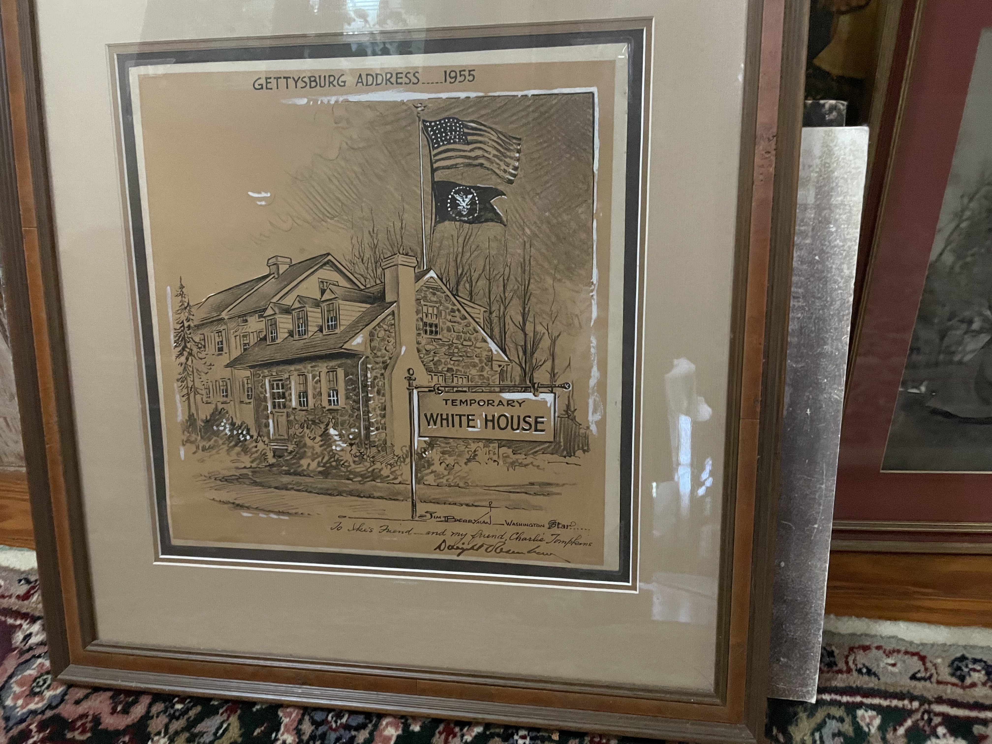 Framed Jim Berryman drawing of the Gettysburg Address 'Temporary White House', 1955