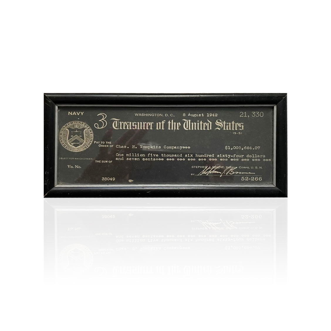 Framed 1942 U.S. Treasury check for $1,005,664.07 payable to the Charles H. Tompkins Company